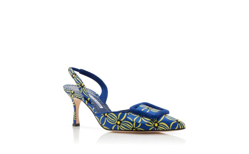 Designer Blue and Yellow Canvas Floral Slingback Pumps
