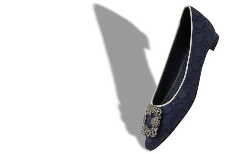 Hangisiflat, Navy Blue and White Silk Jewel Buckle Flat Pumps - US$1,250.00