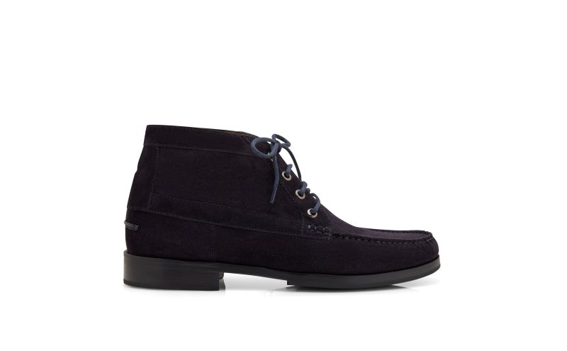 Side view of Rhinebeck, Navy Blue Calf Suede Ankle Boots - US$1,125.00