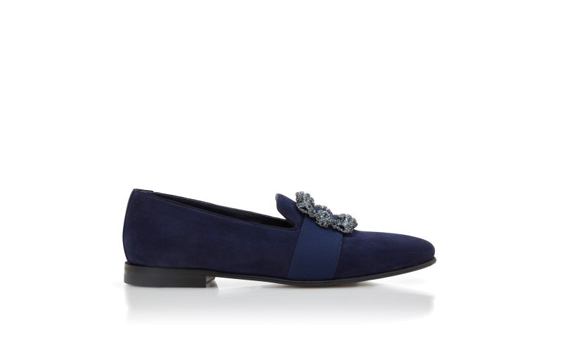 Side view of Carlton, Navy Blue Suede Jewelled Buckle Loafers  - AU$1,985.00