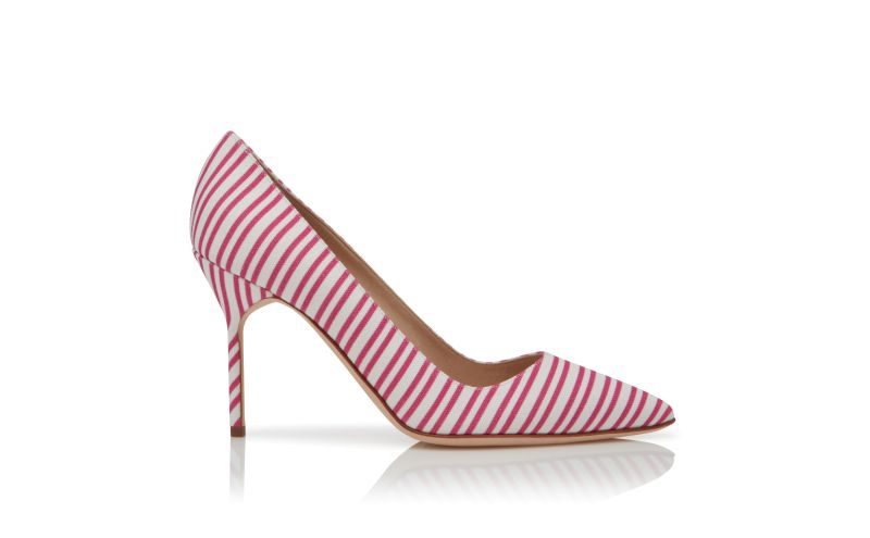 Side view of Bb 90, Pink Cotton Striped Pointed Toe Pumps  - CA$945.00