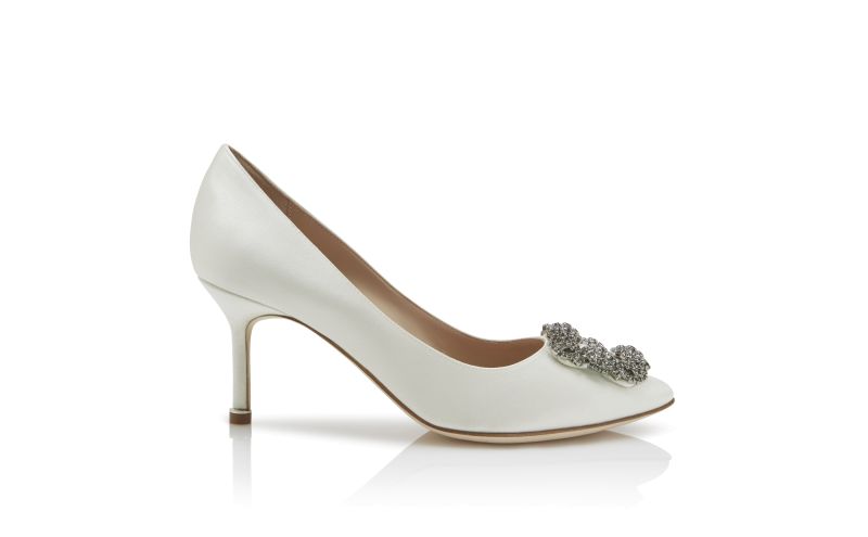 Side view of Hangisi 70, White Satin Jewel Buckle Pumps - €1,075.00