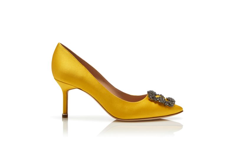 Side view of Hangisi 70, Yellow Satin Jewel Buckle Pumps - £945.00