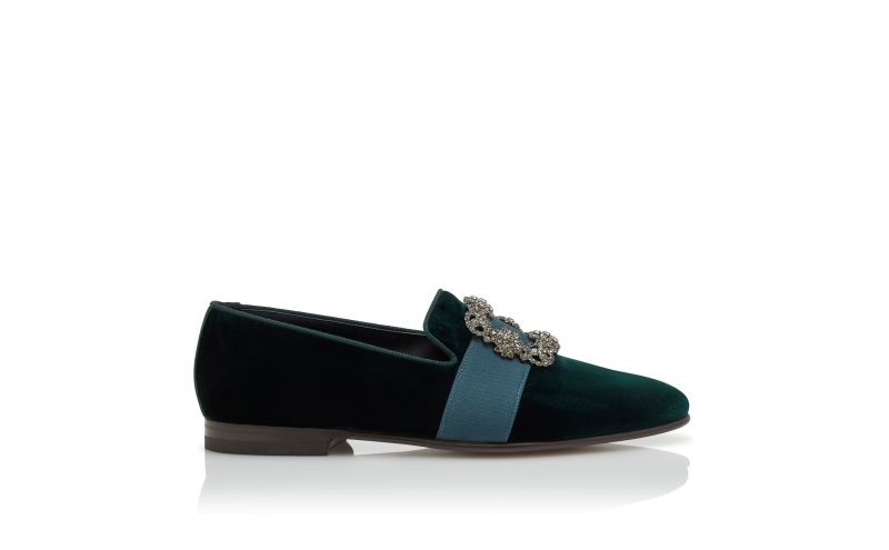 Side view of Carlton, Green Velvet Jewel Buckle Loafers - US$1,415.00