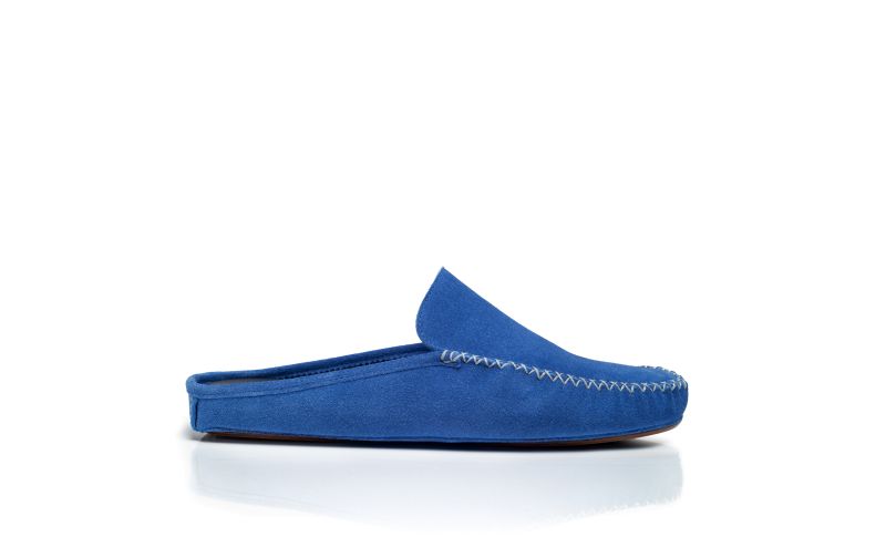 Side view of Crawford, Blue Suede Slippers - US$323.00