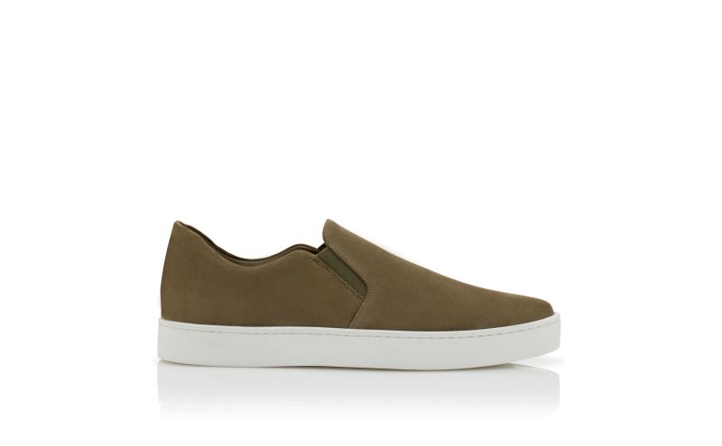 Side view of Designer Khaki Green Suede Slip-On Sneakers
