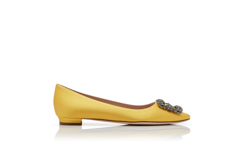 Side view of Hangisiflat, Yellow Satin Jewel Buckle Flat Pumps - US$1,095.00