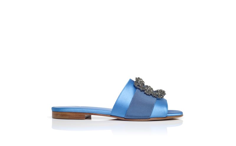 Side view of Martamod, Blue Satin Jewel Buckled Flat Sandals - US$1,235.00