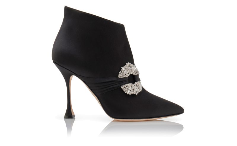 Side view of Prabina, Black Satin Embellished Buckle Ankle Boots - CA$1,945.00