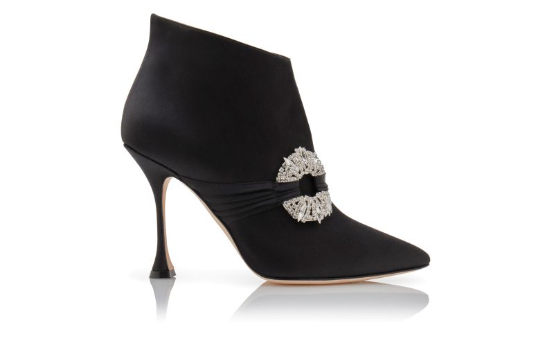 Side view of Prabina, Black Satin Embellished Buckle Ankle Boots - AU$2,505.00