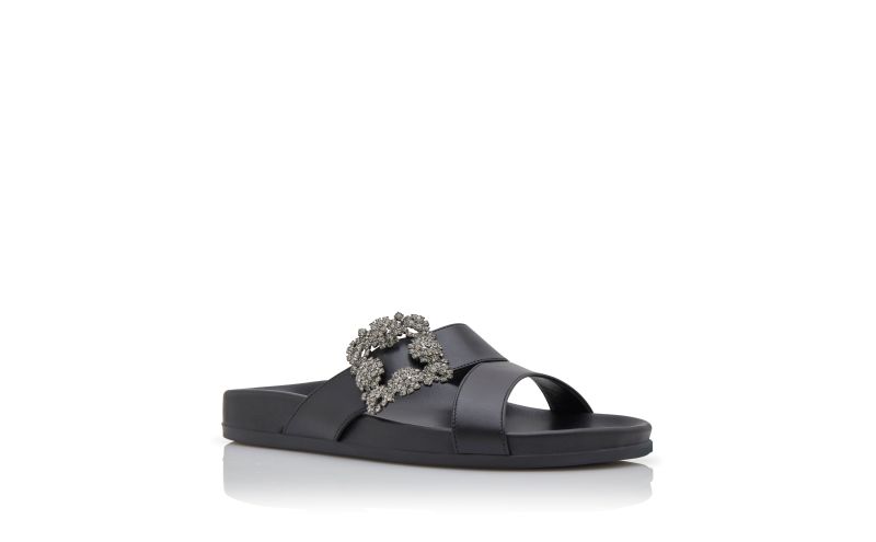 Chilanghi, Black Calf Leather Jewel Buckle Flat Mules - CA$1,555.00