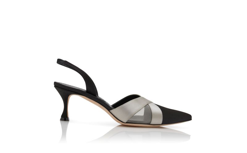Side view of Oyounasli, Black and Grey Satin Crossover Slingback Pumps - US$483.00