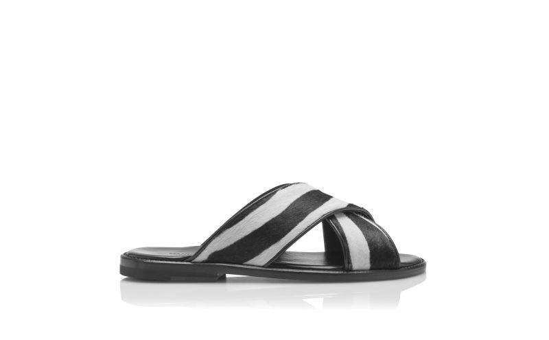 Side view of Designer Zebra Print Calf Hair Criss-Cross Sandals