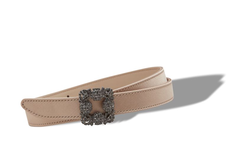 Hangisi belt mini, Light Beige Satin Crystal Buckled Belt - US$795.00 