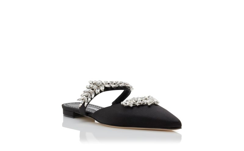 Designer Black Satin Crystal Embellished Flat Mules