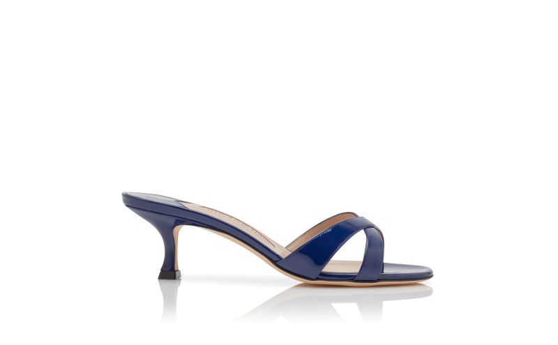 Side view of Callamu, Blue Patent Leather Open Toe Mules - £625.00