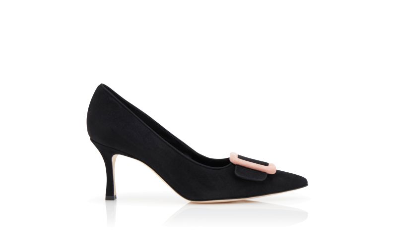 Side view of Designer Black and Light Beige Suede Buckle Pumps