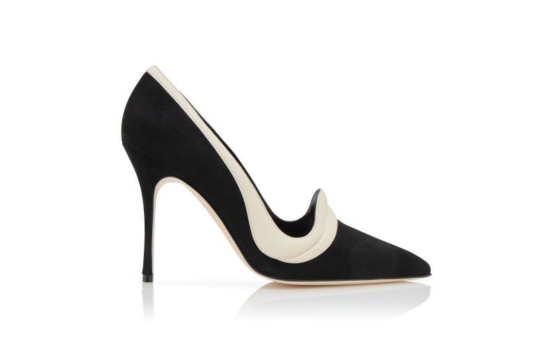 Side view of Ajarafa 105, Black and Cream Suede Pointed Toe Pumps  - US$895.00