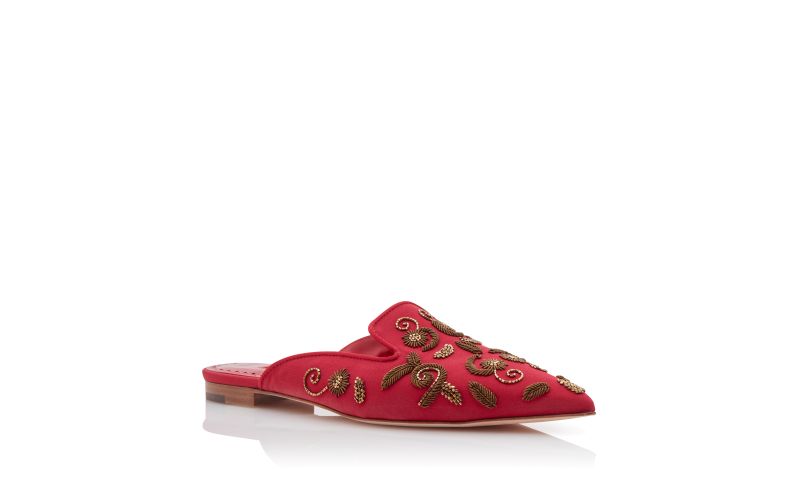 Designer Red and Gold Crepe De Chine Flat Mules