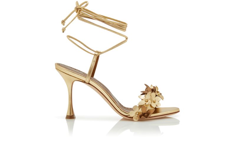 Side view of Anista, Gold Nappa Leather Ankle Strap Sandals  - CA$1,825.00