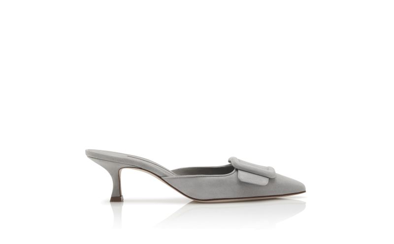 Side view of Maysale, Light Grey Suede Kitten Heel Mules - AU$1,275.00