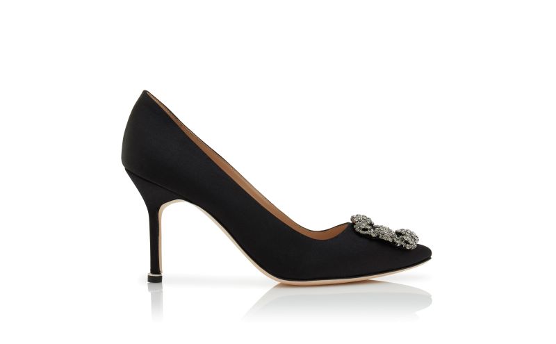 Side view of Hangisi 90, Black Satin Jewel Buckle Pumps - CA$1,555.00