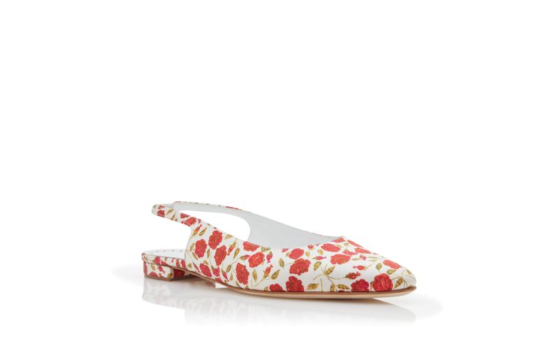 Sawra, White and Red Satin Slingback Flat Pumps  - US$465.00