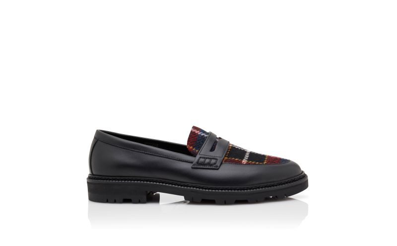 Side view of Designer Dark Red Calf Leather and Tartan Loafers