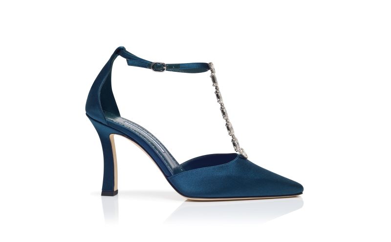 Side view of Molara, Navy Blue Satin Embellished Pumps - €1,225.00
