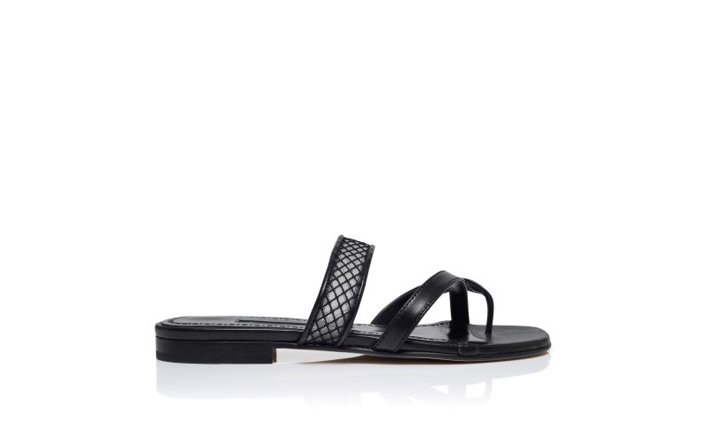 Side view of Sulnaflat, Black Nappa Leather Flat Sandals - US$525.00