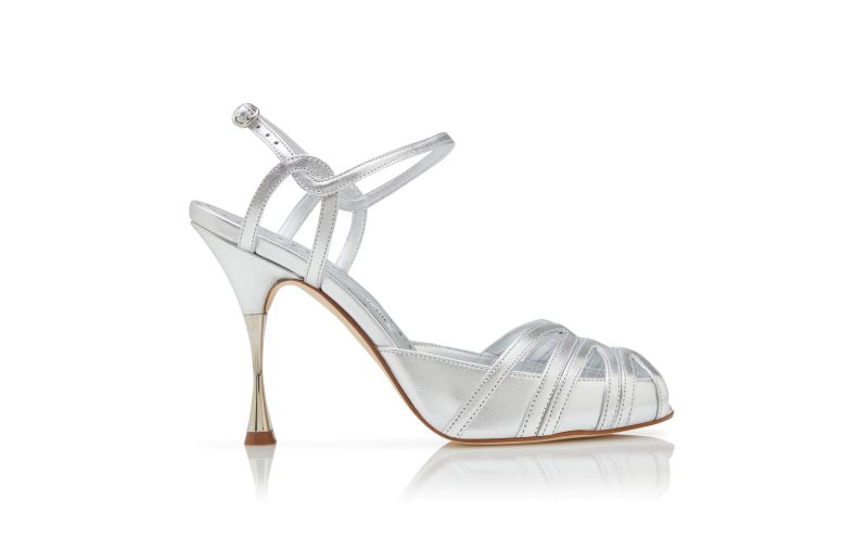Side view of Makanak, Silver Nappa Leather Ankle Strap Sandals - US$598.00