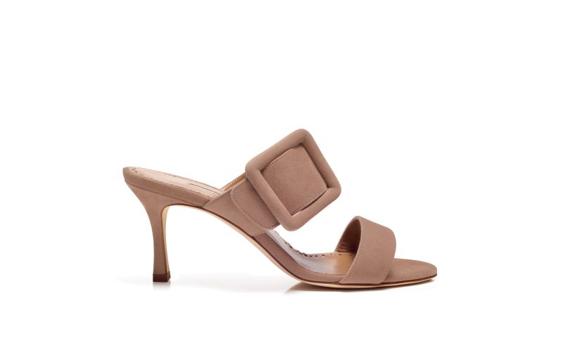 Side view of Gable, Dark Beige Suede Open Toe Mules - US$845.00