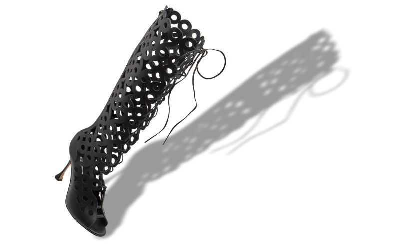 Tarashi, Black Calf Leather Cut Out Knee High Boots - CA$2,595.00 
