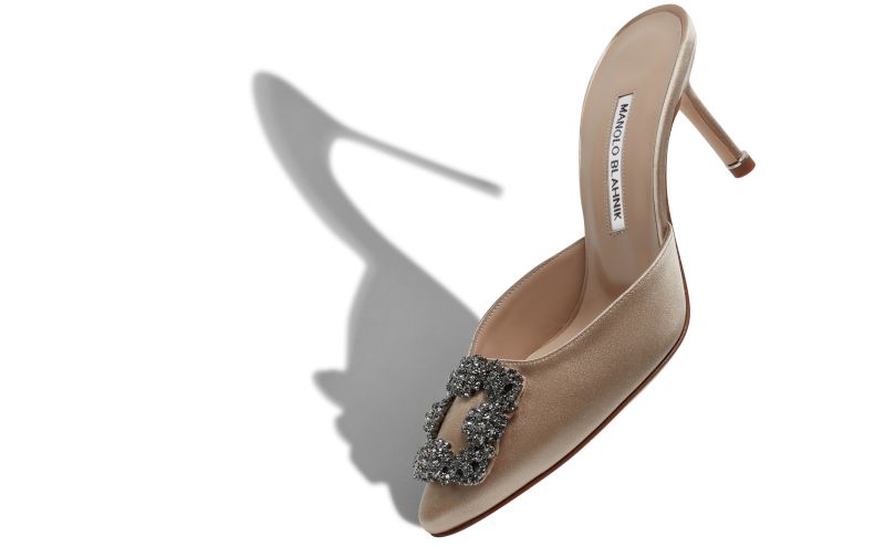 Hangisimu, Light Beige Satin Jewel Buckle Mules - US$1,095.00