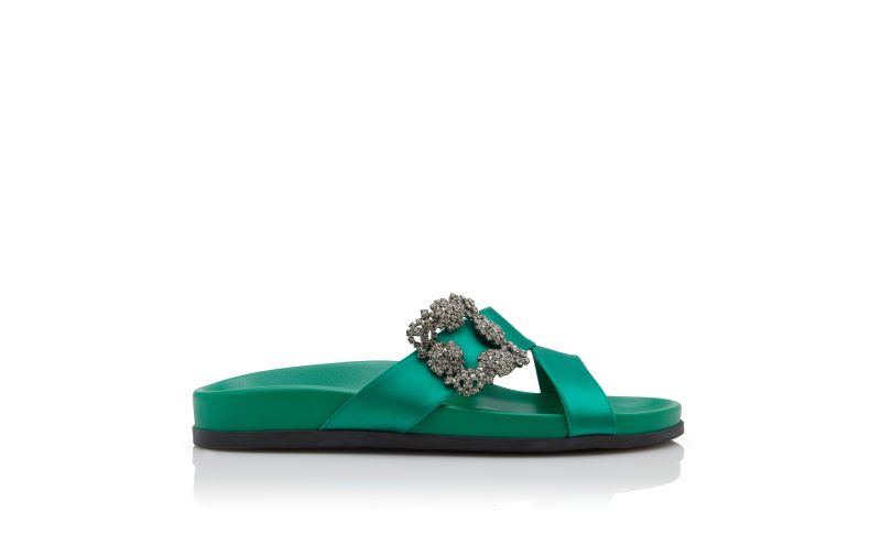 Side view of Chilanghi, Green Satin Jewel Buckle Flat Mules - US$1,095.00