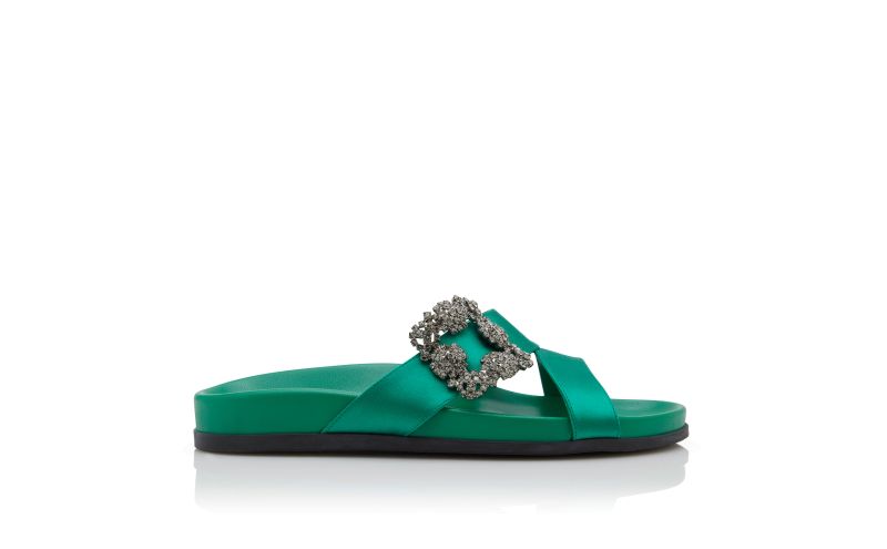 Side view of Chilanghi, Green Satin Jewel Buckle Flat Mules - CA$1,425.00