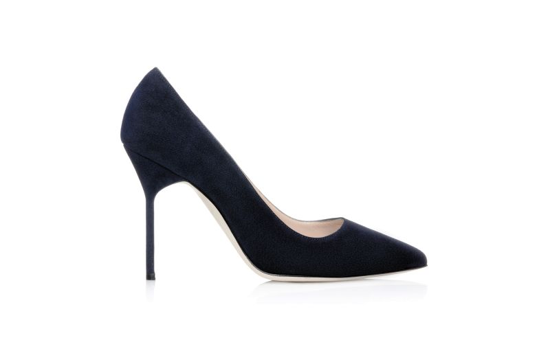 Side view of Designer Navy Suede Pointed Toe Pumps