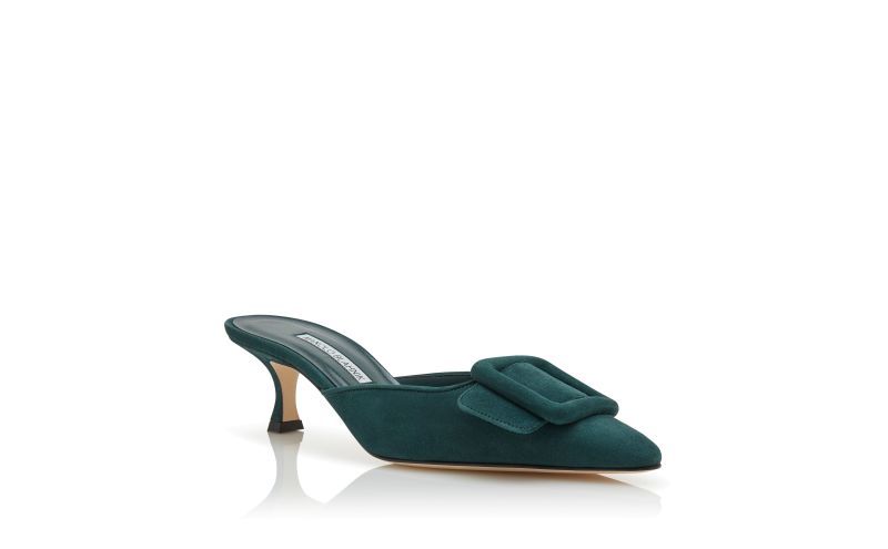 Maysale, Dark Green Suede Buckle Detail Mules - US$875.00