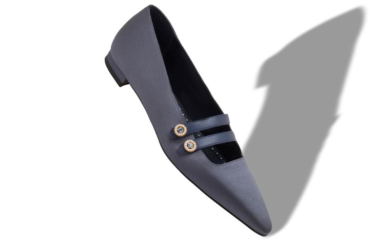 Polmana, Navy Blue Satin Embellished Flat Pumps - £785.00 