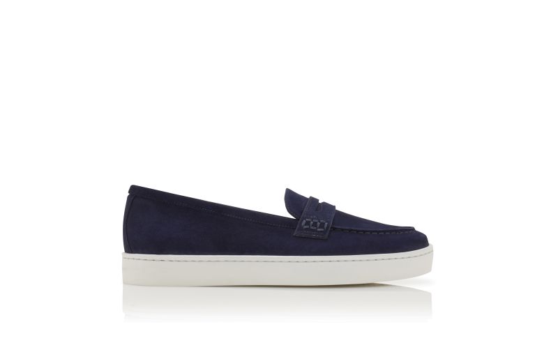 Side view of Ellisa, Navy Blue Suede Penny Loafers - CA$895.00