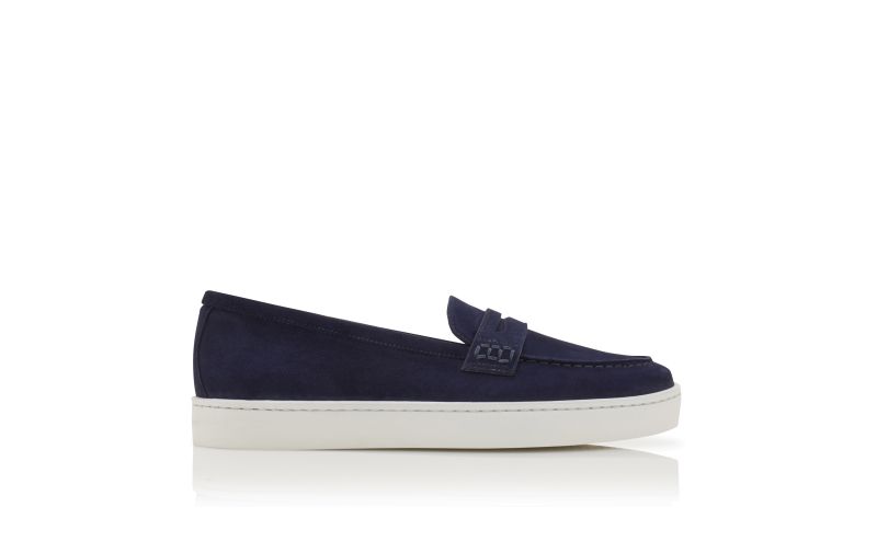 Side view of Ellisa, Navy Blue Suede Penny Loafers - AU$1,195.00