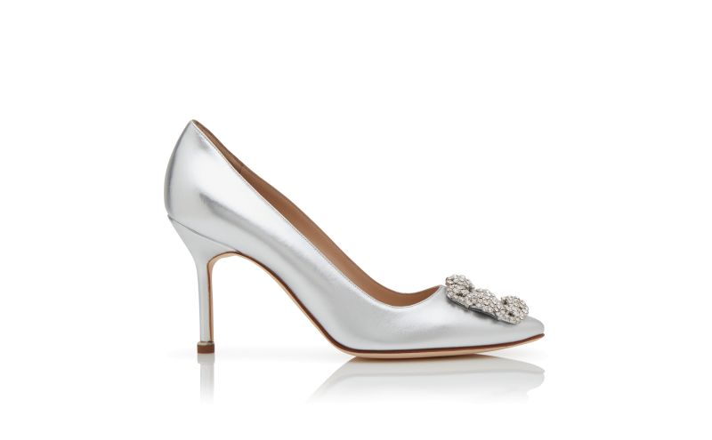 Side view of Hangisi 90, Silver Nappa Leather Jewel Buckle Pumps - £975.00