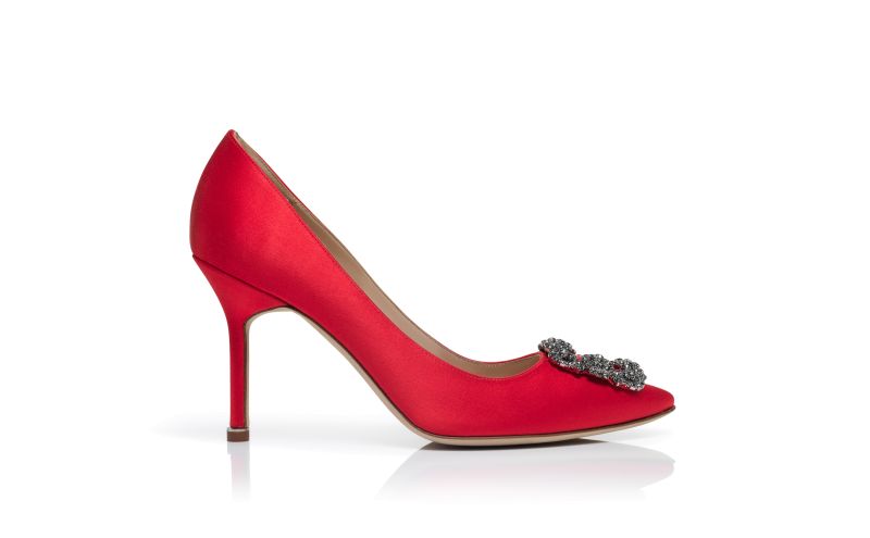 Side view of Hangisi 90, Red Satin Jewel Buckle Pumps - US$1,350.00