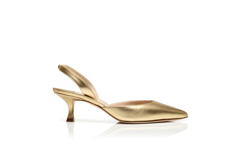 Side view of Carolyne 50, Gold Nappa Leather Slingback Pumps - US$795.00