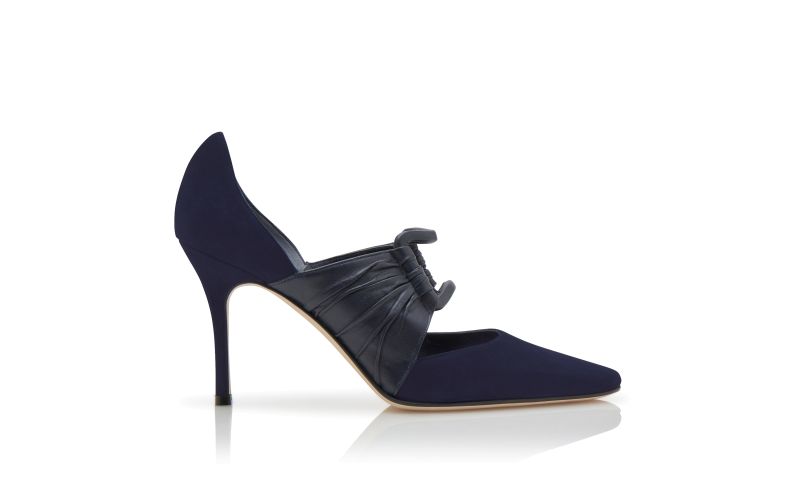 Side view of Designer Navy Blue Suede and Nappa Leather Pumps 