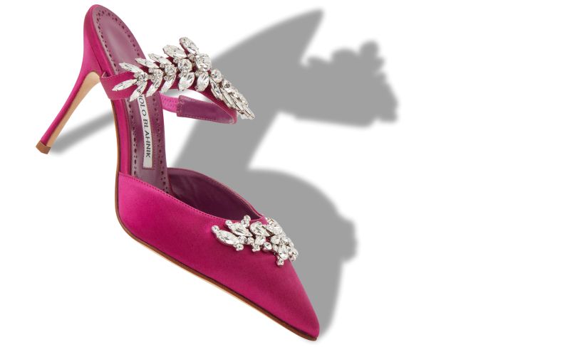 Designer Fuchsia Satin Crystal Embellished Mules