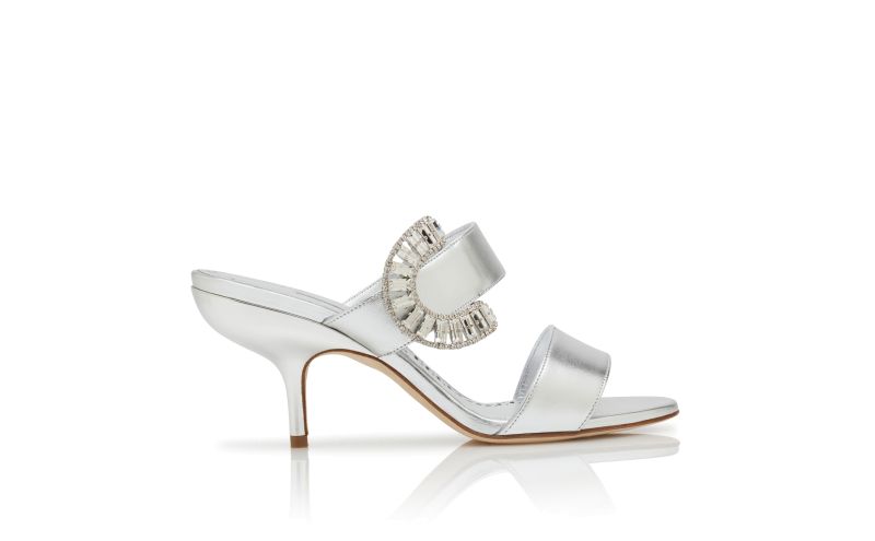 Side view of Memonia, Silver Nappa Leather Embellished Mules - US$735.00