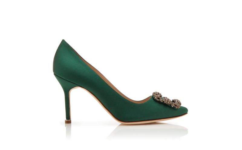 Side view of Hangisi 90, Green Satin Jewel Buckle Pumps  - €1,095.00