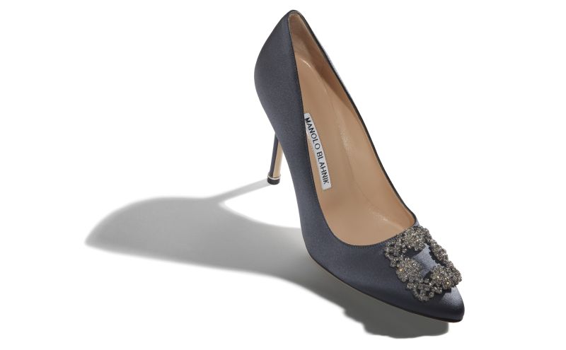 Designer Dark Grey Satin Jewel Buckle Pumps