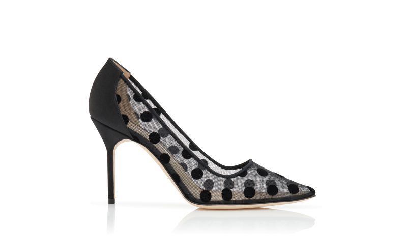 Side view of Designer Black Mesh Polka Dot Pointed Toe Pumps